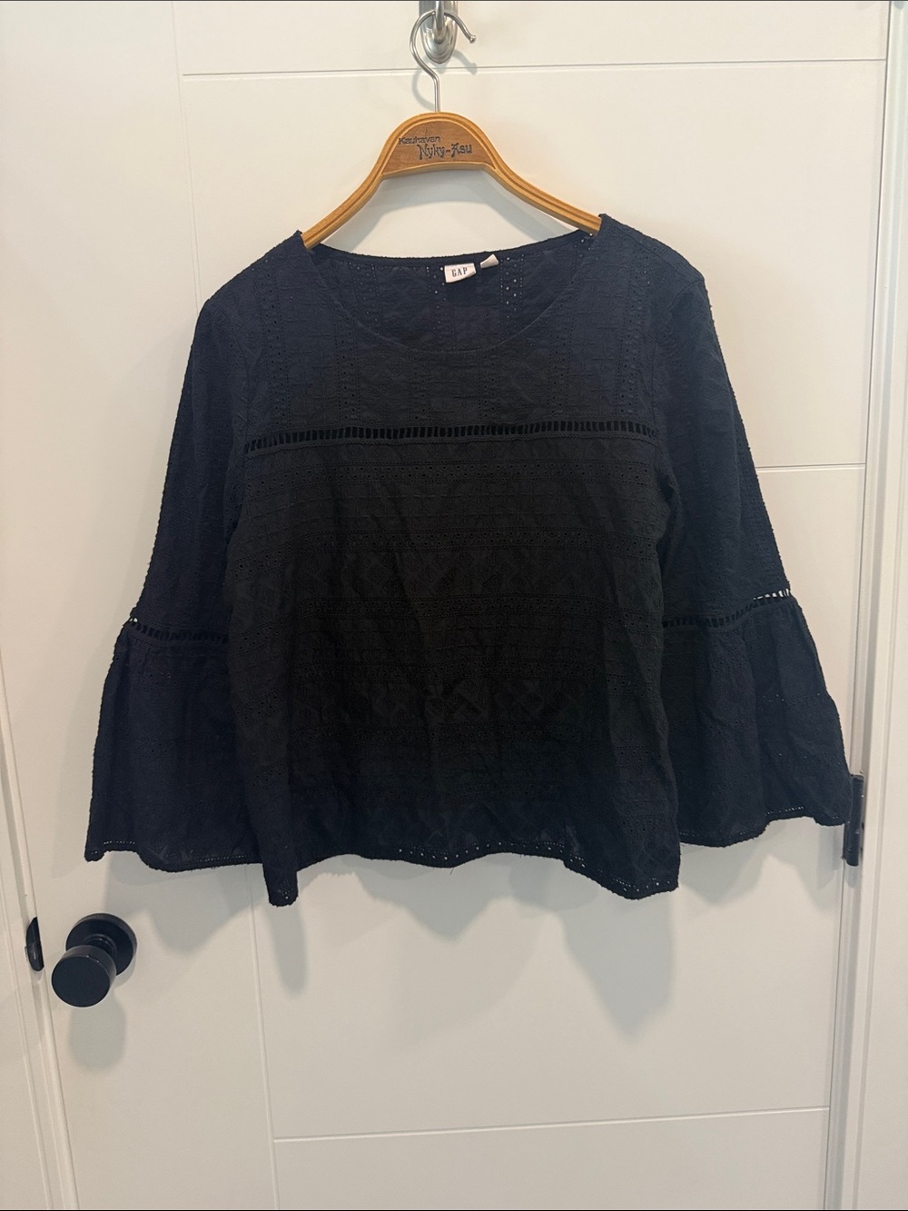 GAP Black Eyelet Bell Sleeve Blouse size large